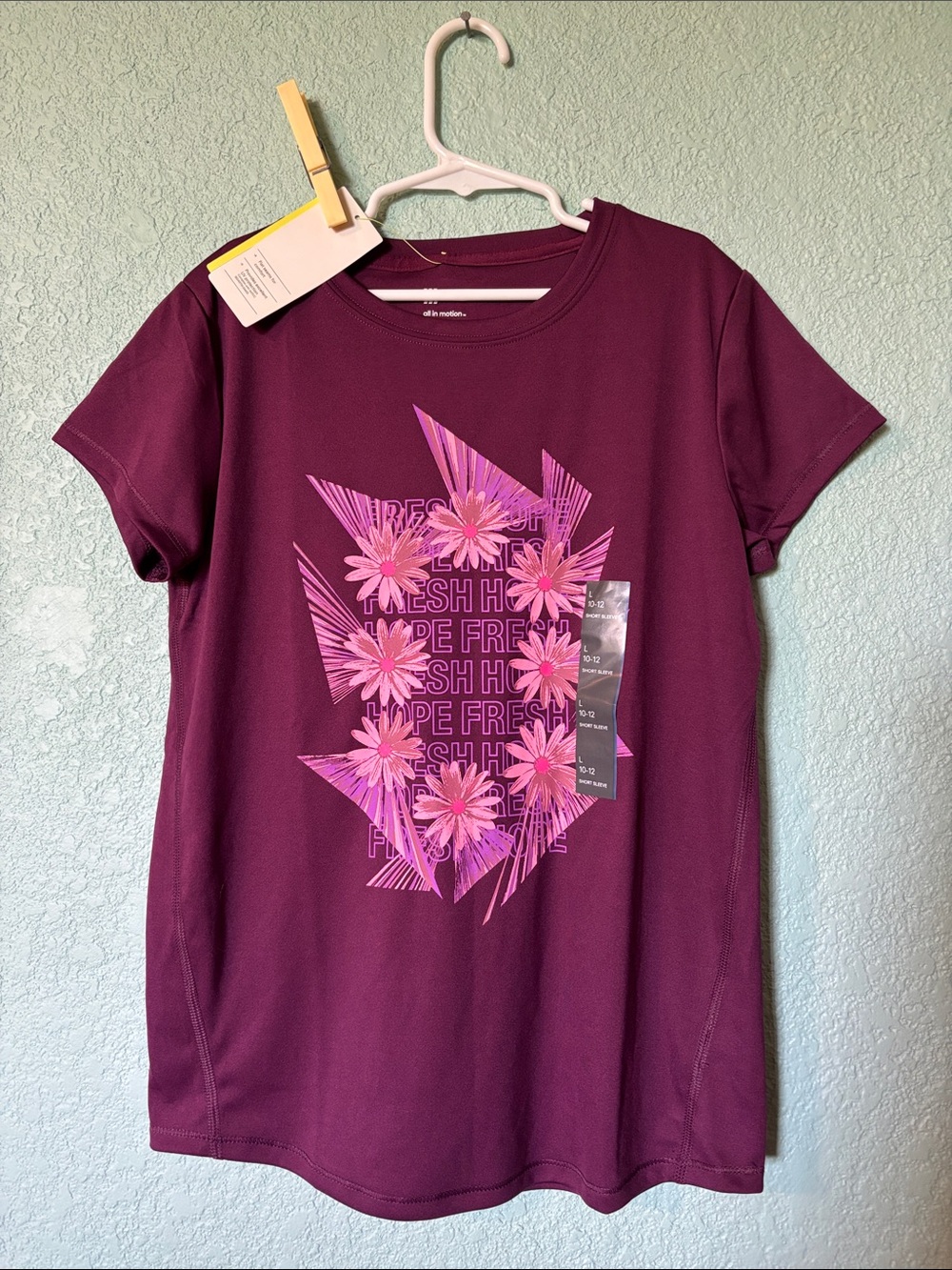 🆕 all in motion Plum UPF Crewneck Girls Active Tee, size L 10/12 - NWT